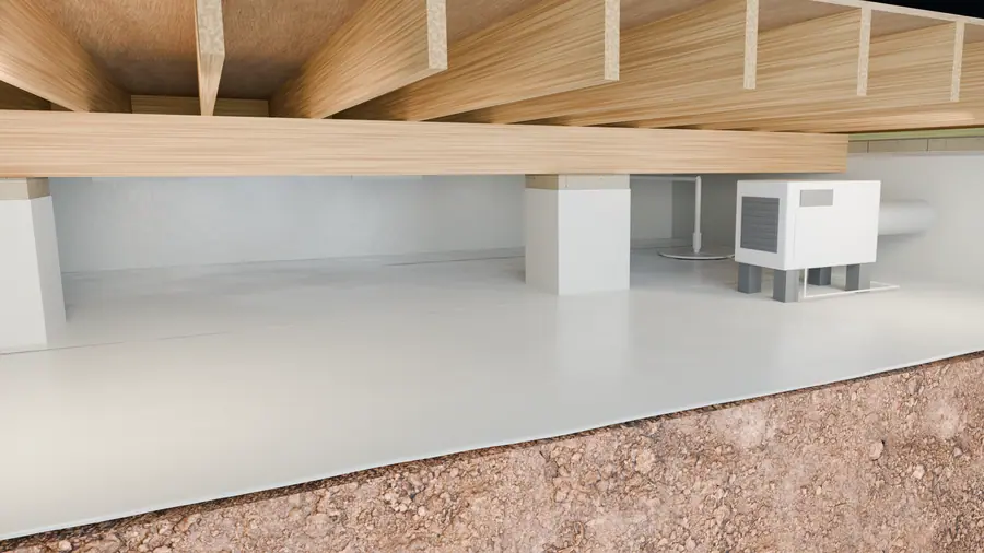 Illustration: cutaway of a sealed crawl space: liner, dehumidifier on risers, lidded sump basin.