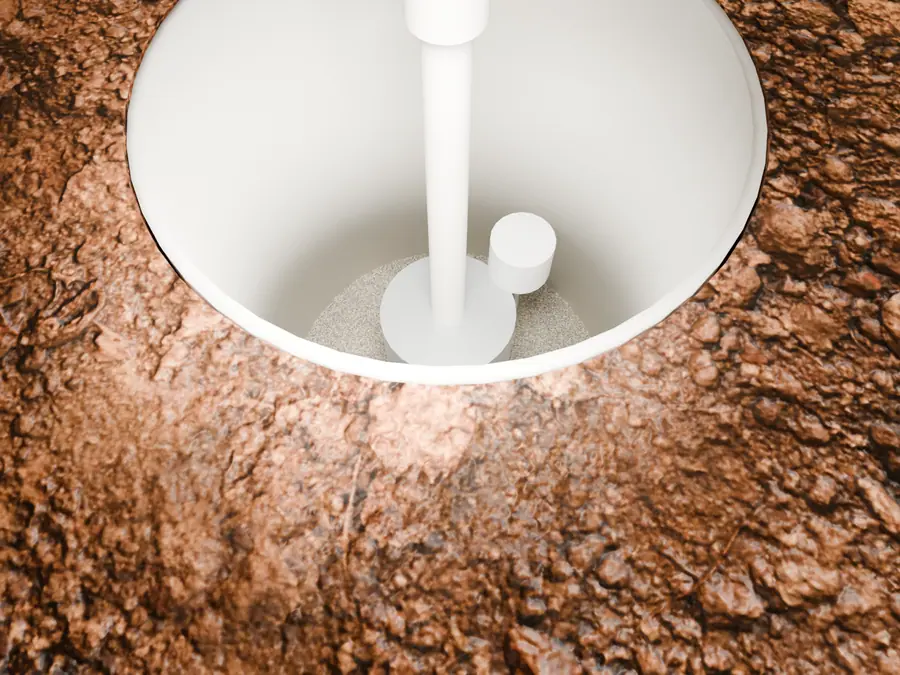 Illustration of an open crawl space sump basin with pump, float and discharge.