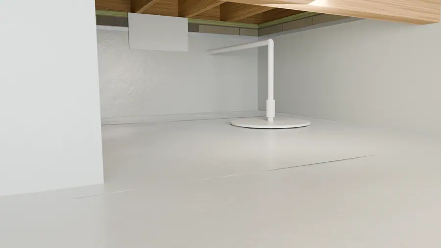 Illustration: cutaway of a covered sump basin with the discharge line run to the foundation wall.