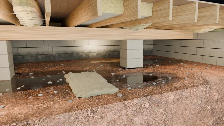 Illustration: cutaway of a vented crawl space with standing water and sagging batt insulation.