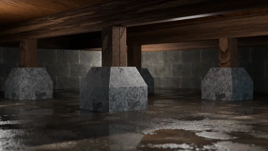 Illustration of a wet crawl space with standing water on the ground, wooden support posts, and.