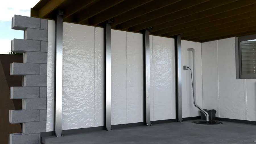 Illustration: cutaway of a basement with steel I-beam wall supports, white wall panels, and a sump pump in the.