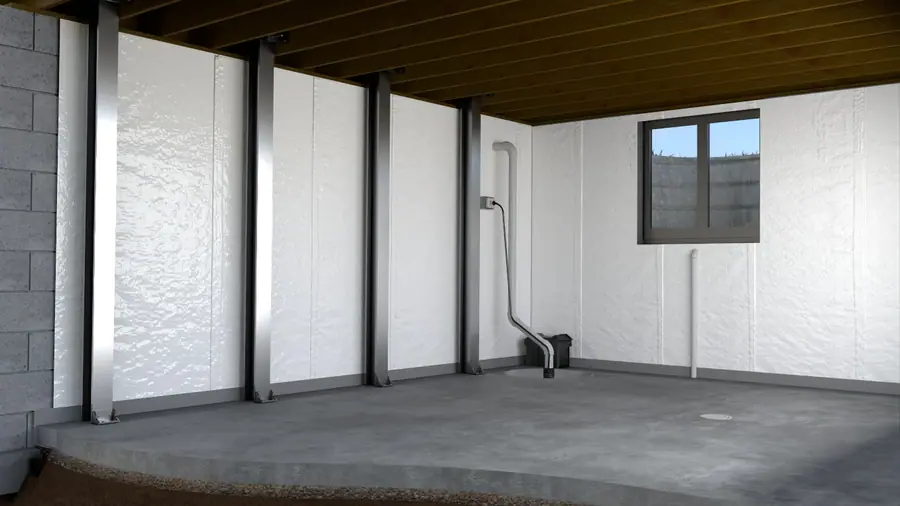 Illustration of a foundation wall with waterproofing panels, steel I-beams and a sump pump.
