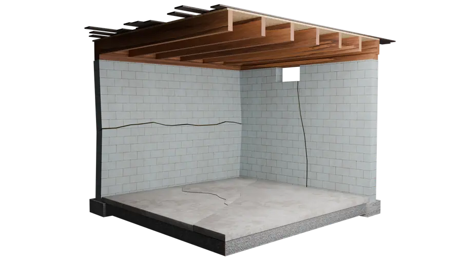Illustration of a basement corner with horizontal and vertical cracks in the walls and a cracked.