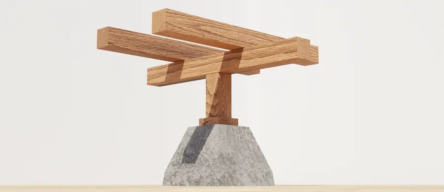Illustration of a crawl space structural support with wooden floor joists resting on a concrete pier.