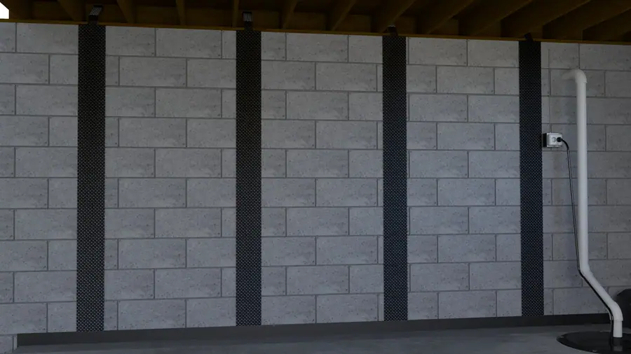 Illustration of carbon fiber straps reinforcing a concrete block foundation wall with a sump pump system.