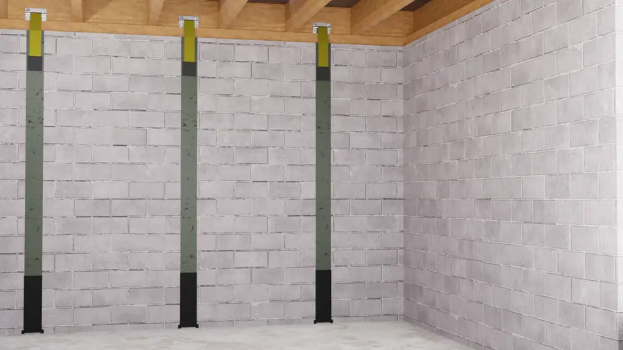 Illustration of carbon fiber straps installed on a basement block wall for bowing wall repair.