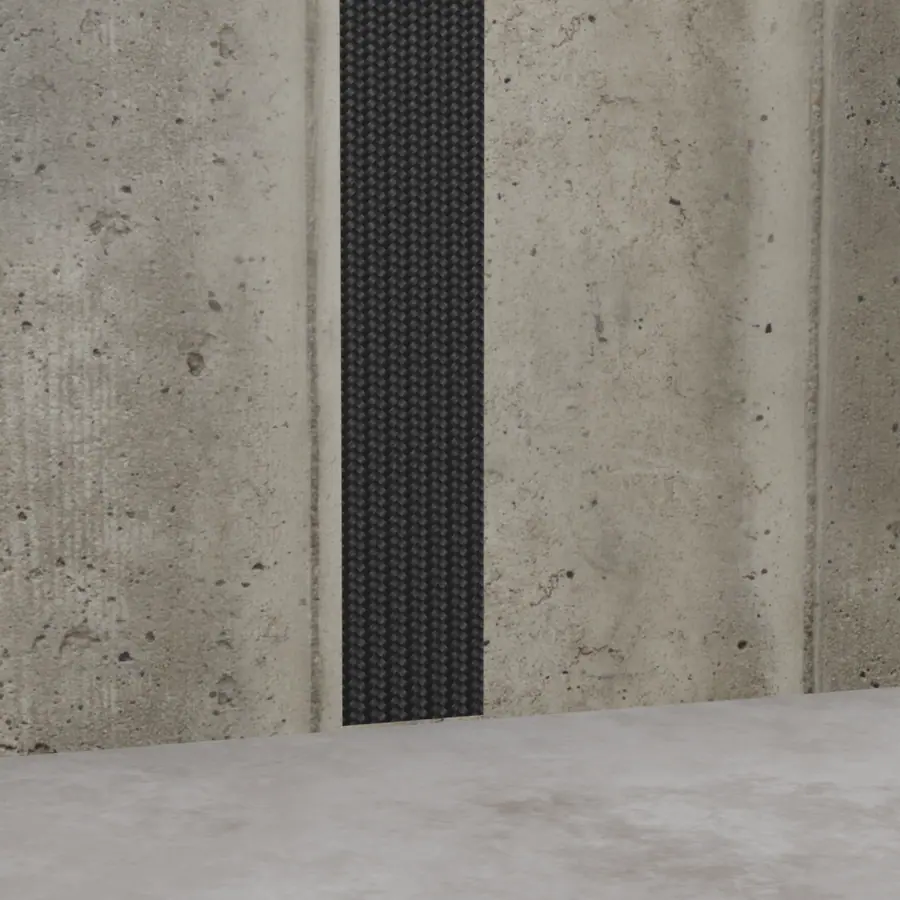 Illustration of carbon fiber straps bonded to a poured concrete foundation wall for reinforcement.