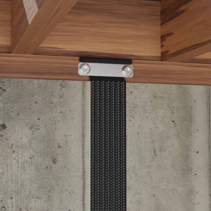 Illustration of a carbon fiber strap attached to a concrete foundation wall with a top bracket.