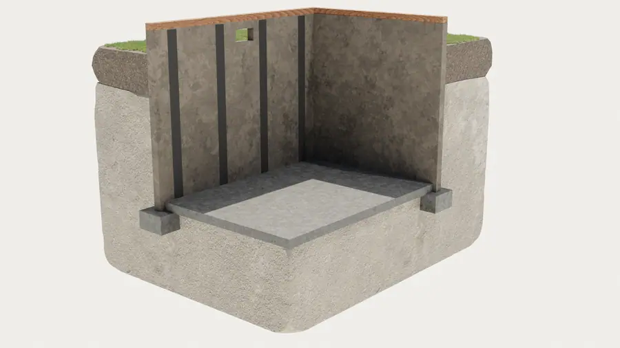 Illustration of a basement foundation corner with carbon fiber reinforcement straps on the interior.