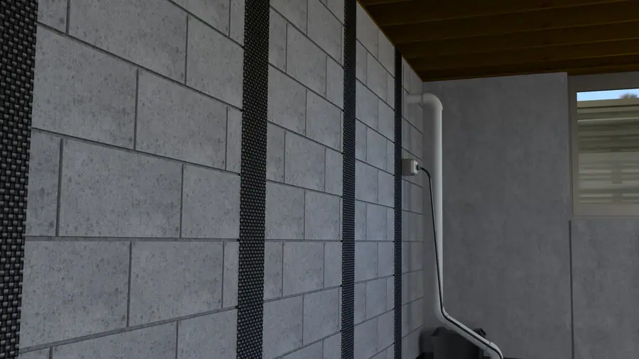 Illustration of carbon fiber reinforcement straps on an interior concrete block foundation wall.