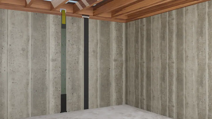Illustration of carbon fiber reinforcement straps on a poured concrete foundation wall, extending to.