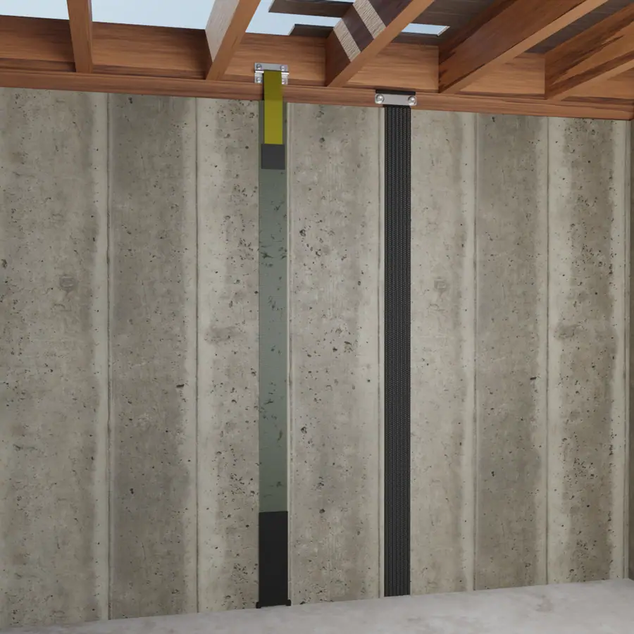 Illustration of carbon fiber straps reinforcing a concrete foundation wall, secured to floor joists.