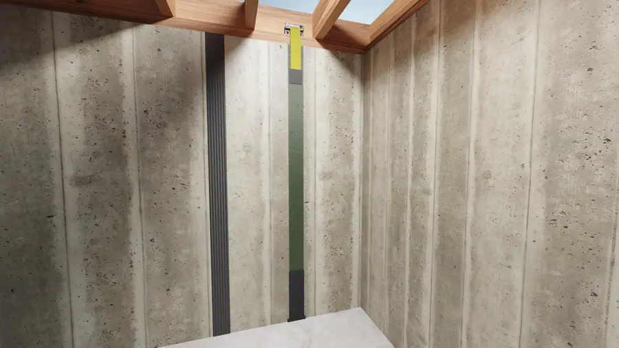 Illustration of carbon fiber straps and other reinforcement installed on a basement concrete wall.