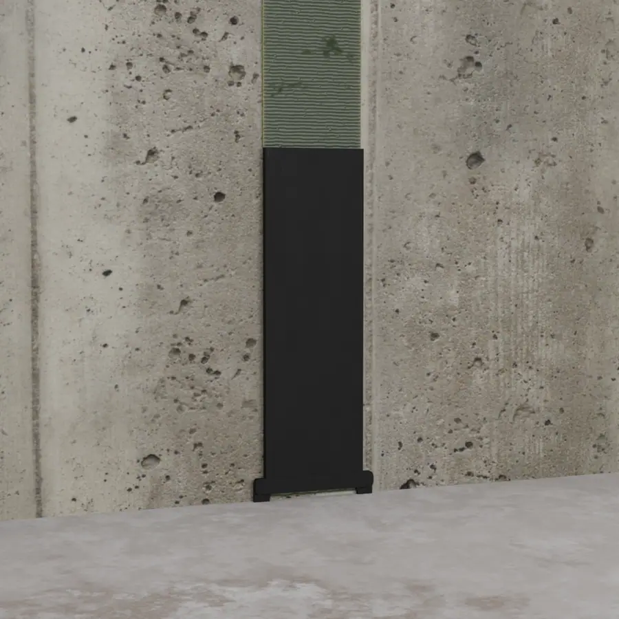 Illustration of a carbon fiber strap bonded to a poured concrete foundation wall, designed for bowing.