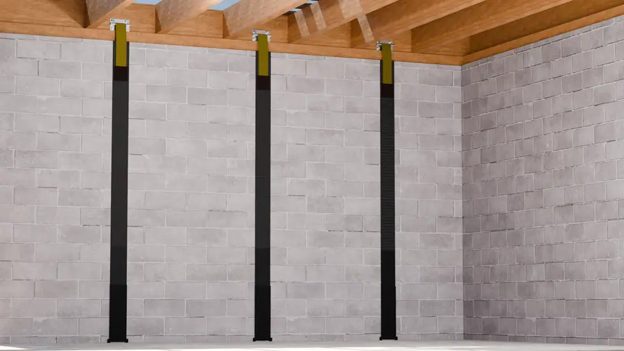Illustration of carbon fiber straps installed on a basement block wall for stabilization.