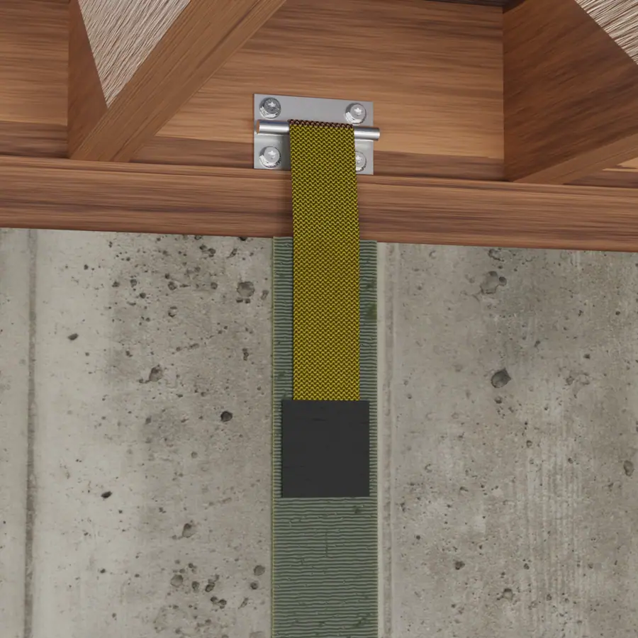 Illustration of carbon fiber straps attached to a concrete foundation wall with a top bracket connecting.