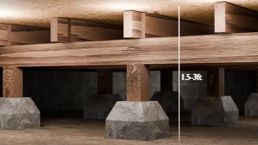 Illustration of a crawl space structural support system showing wooden beams, joists, posts, and.