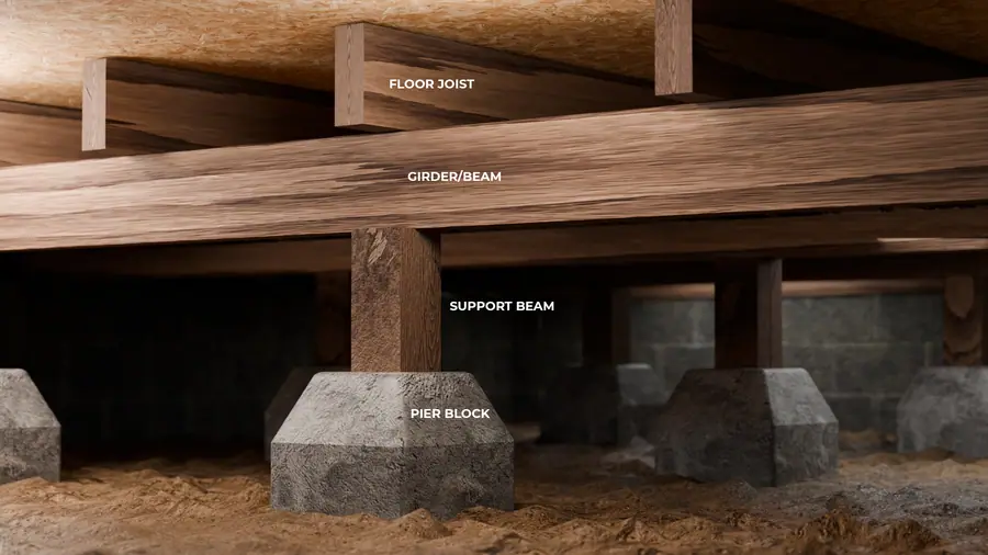 Illustration of crawl space structural components: floor joists, girder, support beams, and pier blocks.