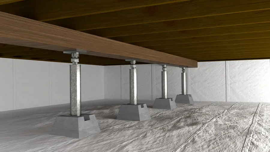 Illustration of a sealed crawl space with adjustable support jacks, a wood beam, and a vapor barrier.