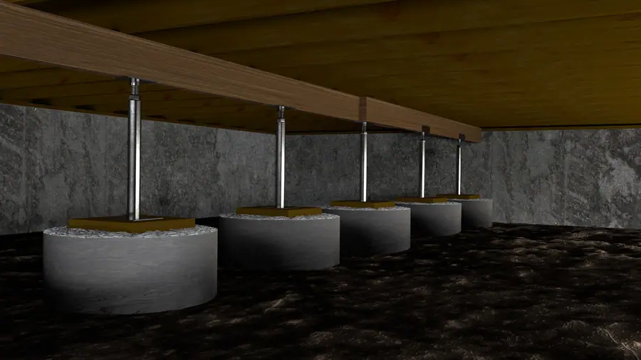 Illustration of screw jacks supporting a main girder in a crawl space with concrete footings on dirt.