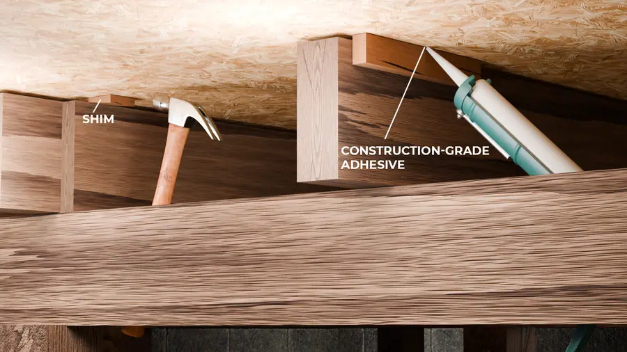 Illustration of floor joist leveling using wood shims and construction-grade adhesive in a crawl space.