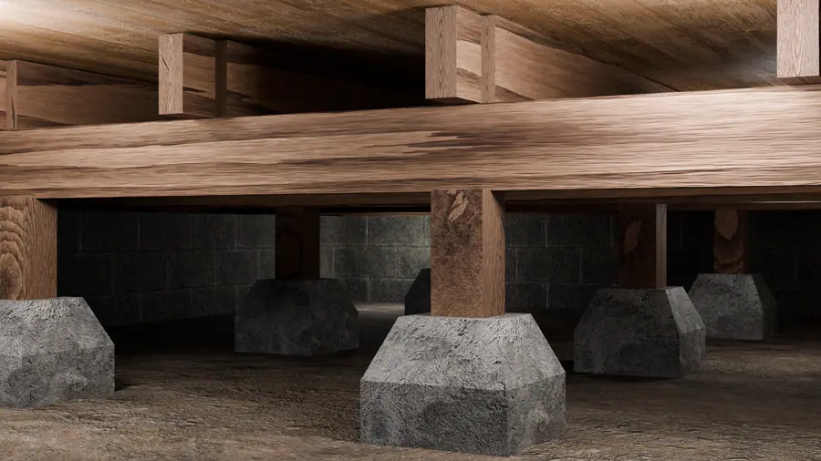 Illustration of a crawl space with concrete piers and wooden posts supporting floor joists and beams.