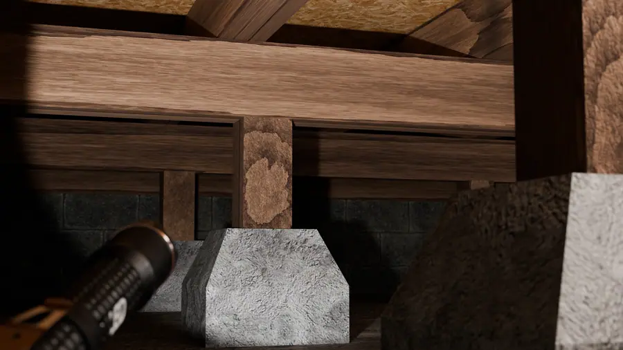 Illustration of a crawl space foundation pier with severe wood rot and termite damage being inspected.