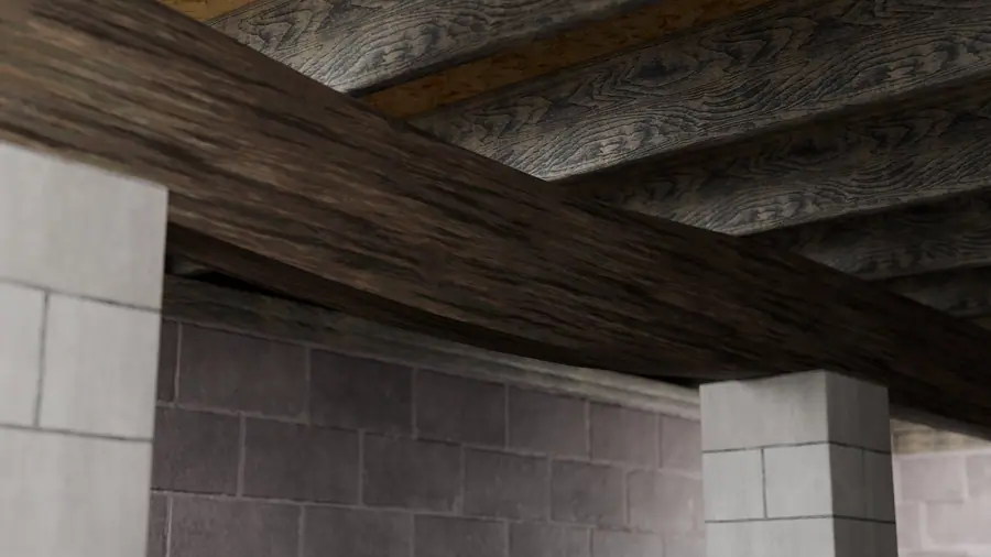 Illustration of a sagging support beam and floor joists in a crawl space with concrete block walls.
