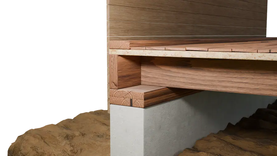 Illustration of a house foundation detail showing the sill plate, rim joist, and floor framing on.