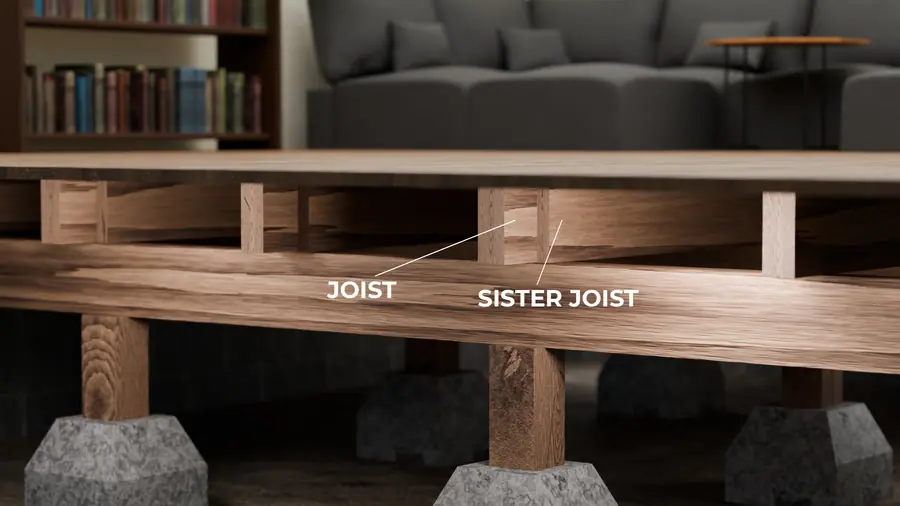 Illustration of sister joists reinforcing floor joists in a crawl space, supported by wood posts on.