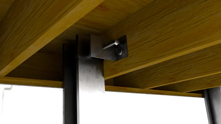 Illustration of a steel i-beam support system with bracket attached to wooden floor joists.