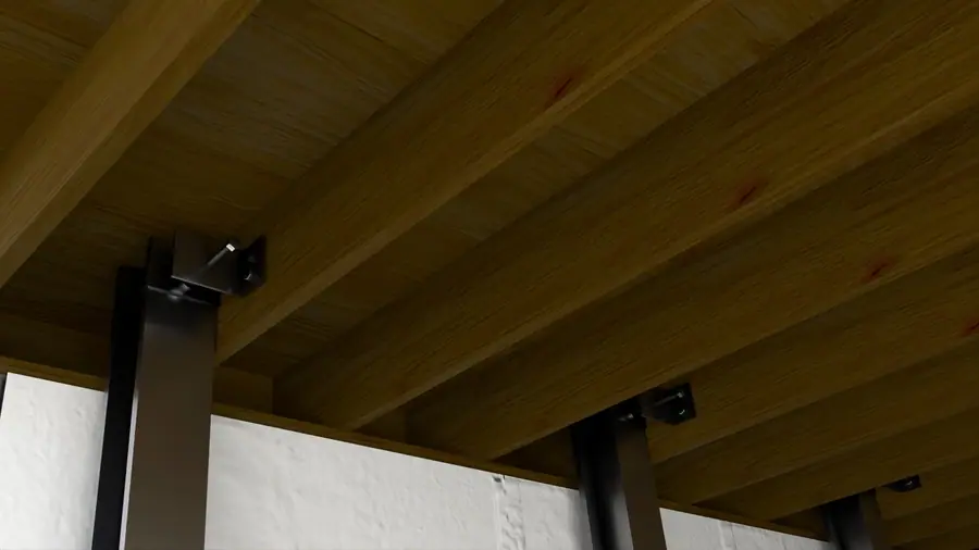 Illustration of steel I-beams supporting wooden floor joists with ceiling brackets in a crawl space.