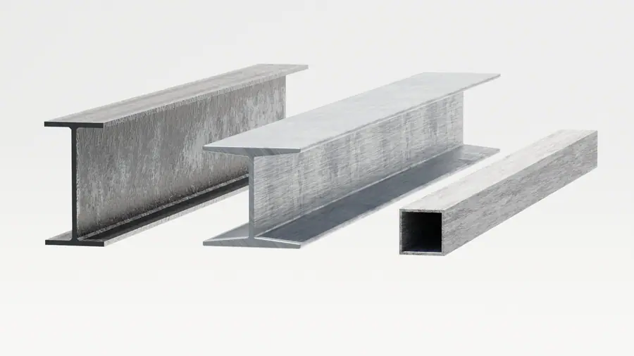 Illustration of structural steel I-beams and a square steel tube used in foundation and structural repair.