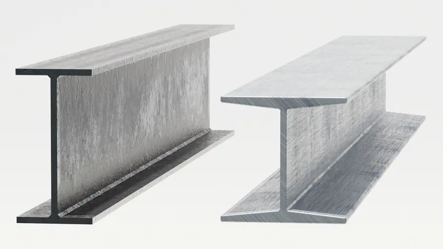 Illustration of two steel I-beams used for bracing foundation walls against bowing and foundation.