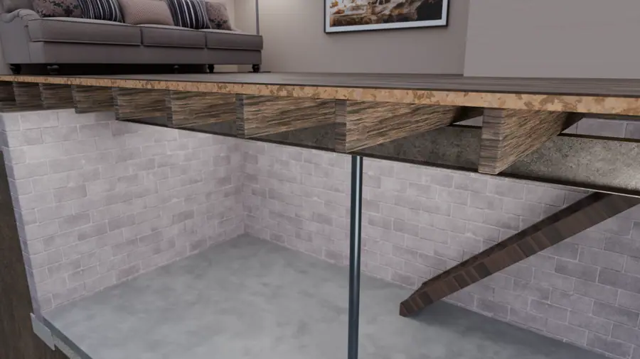 Illustration of a house foundation cutaway showing floor joists and a steel support post in a basement.