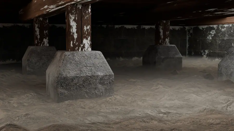 Illustration of a damp crawl space with wood rot on support beams and piers, uneven soil, and stained.