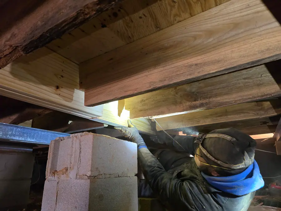 A Rozier Pest Control & Waterproofing technician installing new wood beam reinforcement in a tight crawl space.