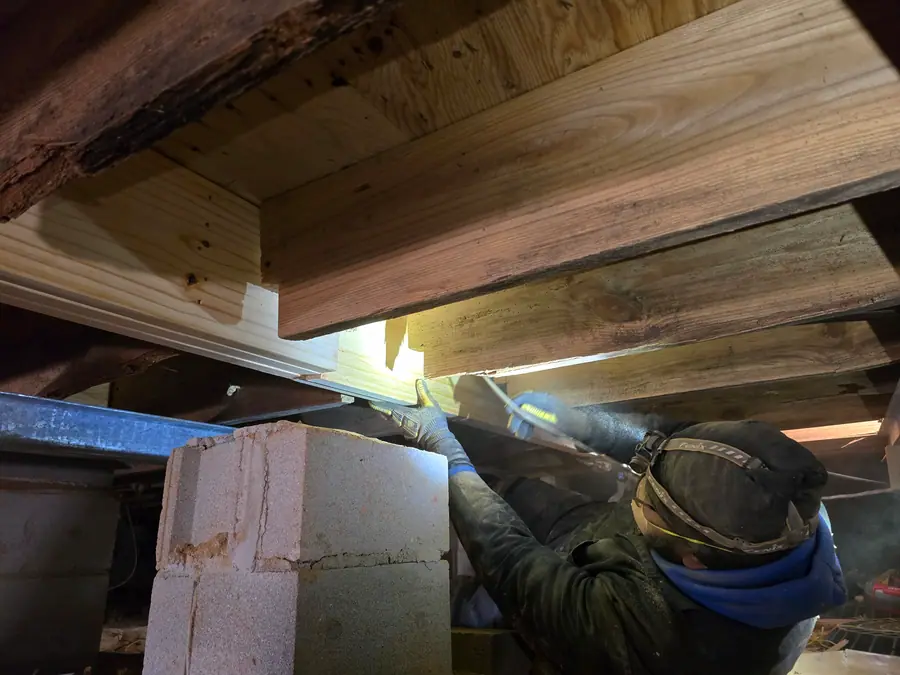 A Rozier Pest Control & Waterproofing technician installing new wood beam and girder in a crawl space for structural support.