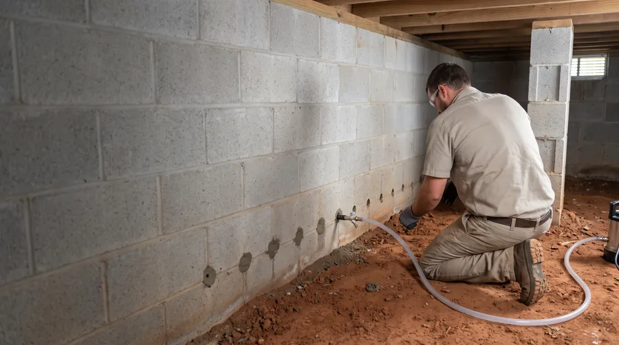 Illustration of a technician injecting a liquid termite barrier into a concrete block crawl space wall.