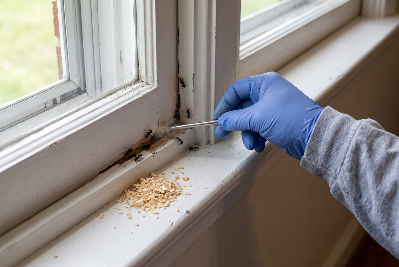 Illustration of a technician inspecting carpenter ant activity and wood shavings on a damaged window frame.