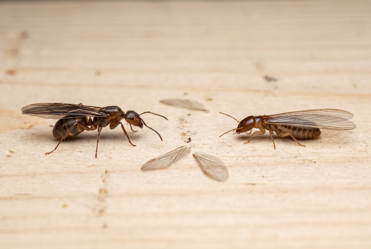 Illustration comparing a winged ant and a winged termite, identifying pest swarmers.