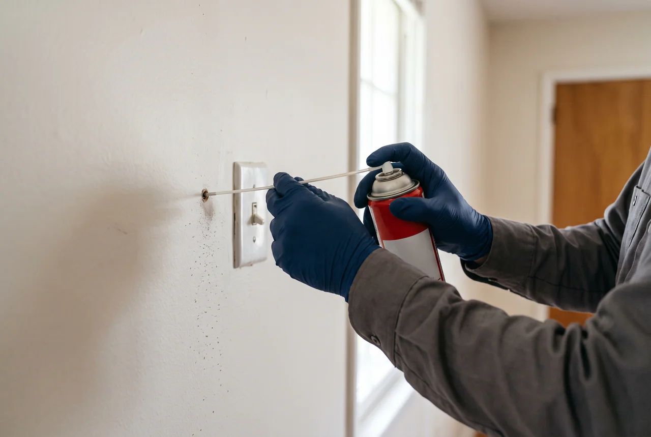 Illustration of a technician applying aerosol void treatment into interior wall.