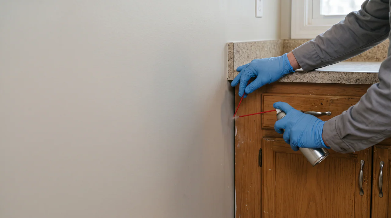 Illustration of a technician applying aerosol void treatment into a kitchen cabinet gap.