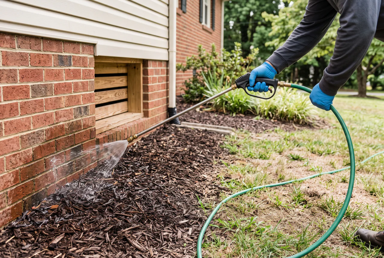 Illustration of a technician applying a power spray treatment along a residential foundation perimeter.