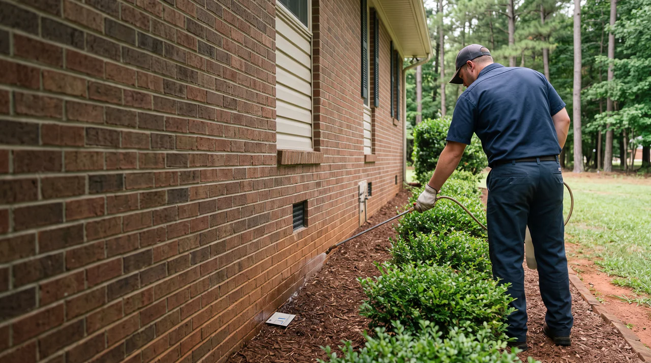 Illustration of a technician applying barrier spray treatment around a house foundation, with a bait station visible.