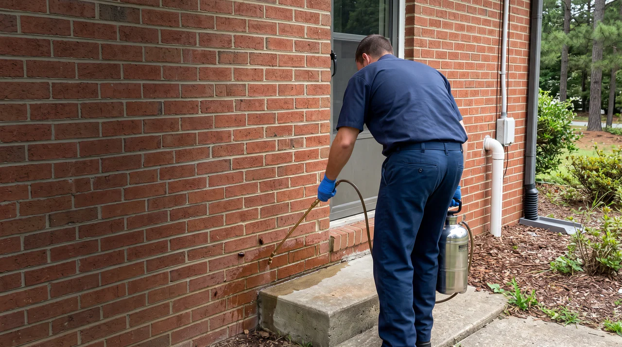 Illustration of a technician applying a perimeter treatment spray to a brick foundation wall for ant control.