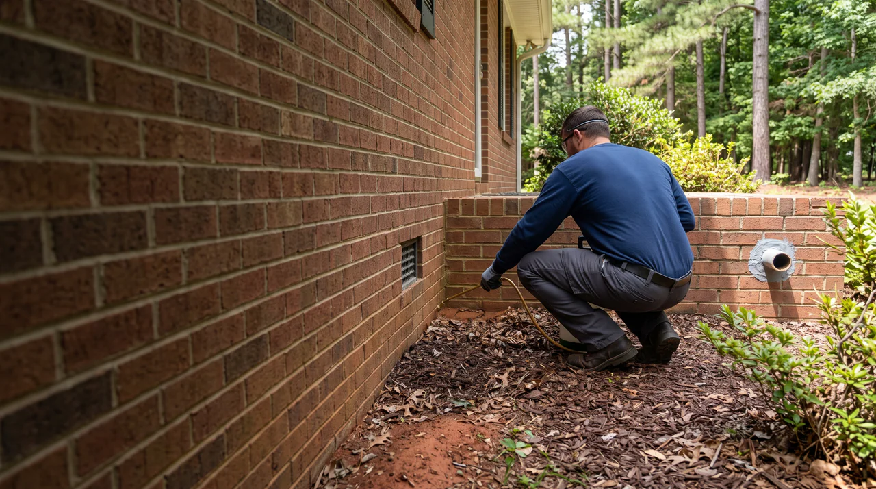 Illustration of a technician applying perimeter pest defense treatment to a home's brick foundation.