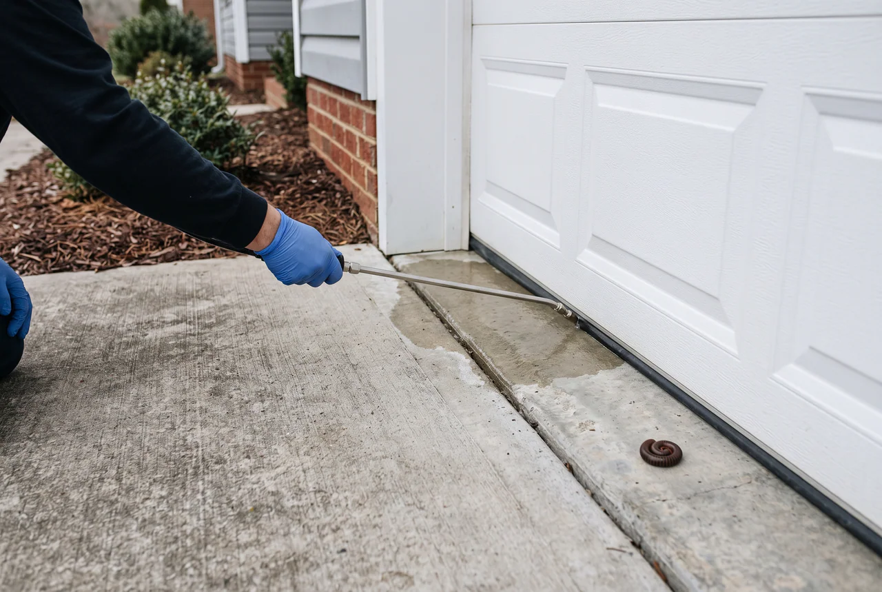 Illustration of a technician applying a liquid perimeter treatment along a garage door to create a bug barrier.