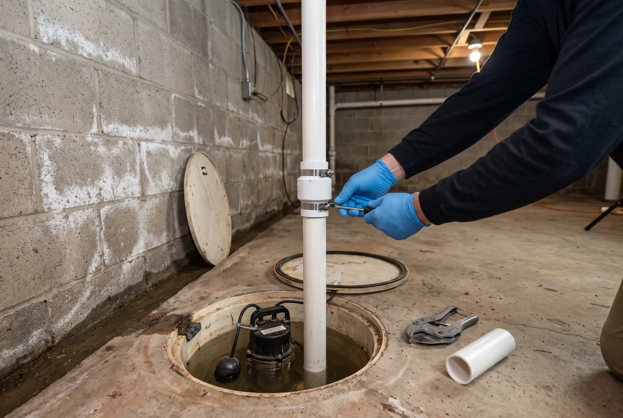 Illustration of a technician installing a new sump pump in a basement with efflorescence and water stains.